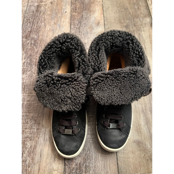 Women's UGG Black Leather Gray Shearling High Top Sneakers Size 7 - Picture 5 of 14